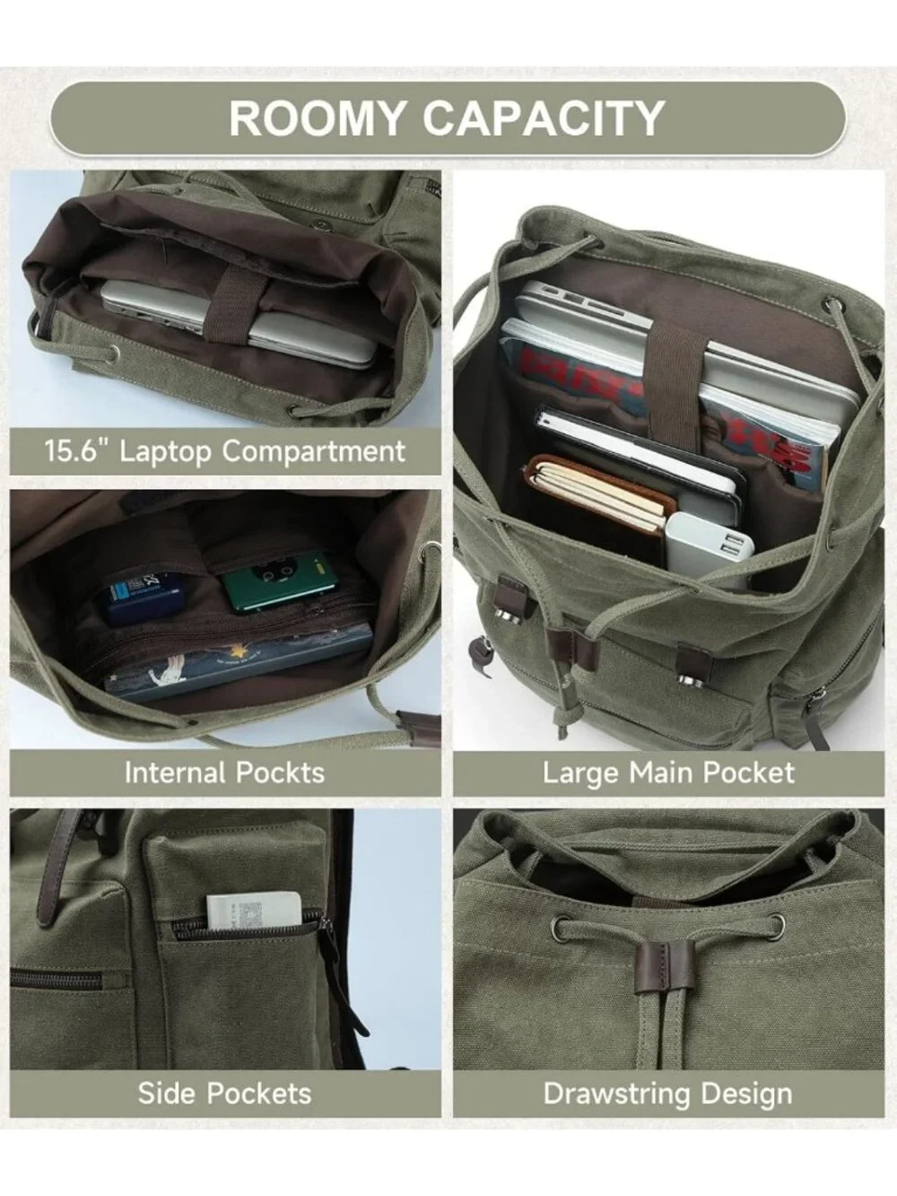 Vintage Olive Green Canvas Backpack for Men - Retro Rucksack for 15.6” Laptop